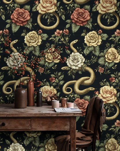 Yılan ve Güllü Duvar Kağıdı Siyah Vintage Salon Deseni