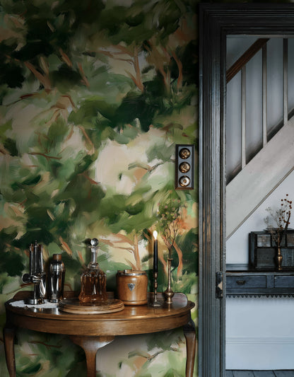 Yağlıboya Görünümlü Soyut Yeşil Duvar Kağıdı Modern Salon