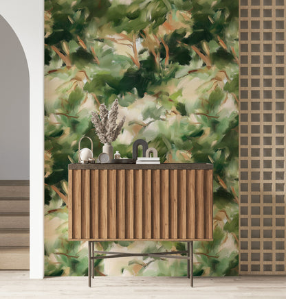 Yağlıboya Görünümlü Soyut Yeşil Duvar Kağıdı Modern Salon