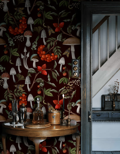 Orman Mantar Desenli Duvar Kağıdı Bordo Botanik Salon