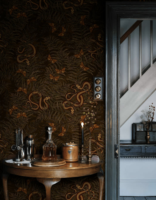 Yılan ve Kelebekli Duvar Kağıdı Koyu Botanik Salon