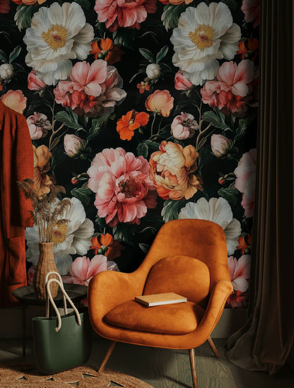 Karanlık Zeminde Vintage Çiçekli Duvar Kağıdı Büyük Desen Salon