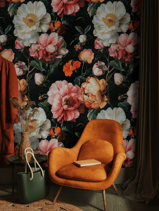 Karanlık Zeminde Vintage Çiçekli Duvar Kağıdı Büyük Desen Salon