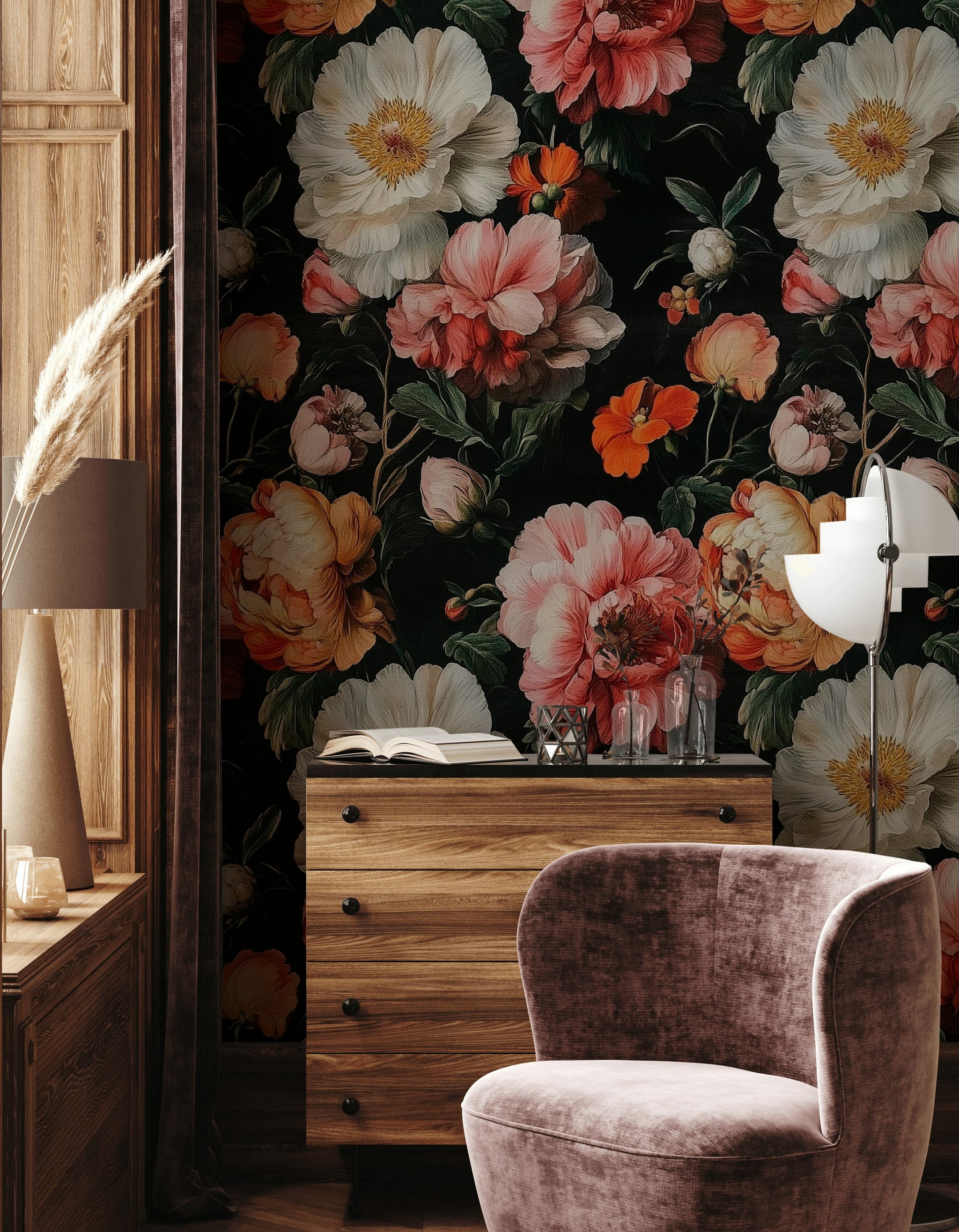 Karanlık Zeminde Vintage Çiçekli Duvar Kağıdı Büyük Desen Salon