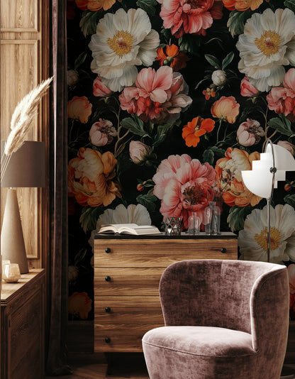 Karanlık Zeminde Vintage Çiçekli Duvar Kağıdı Büyük Desen Salon