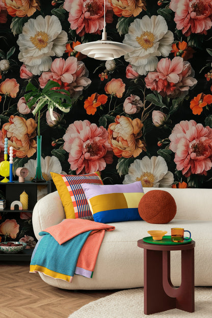 Karanlık Zeminde Vintage Çiçekli Duvar Kağıdı Büyük Desen Salon