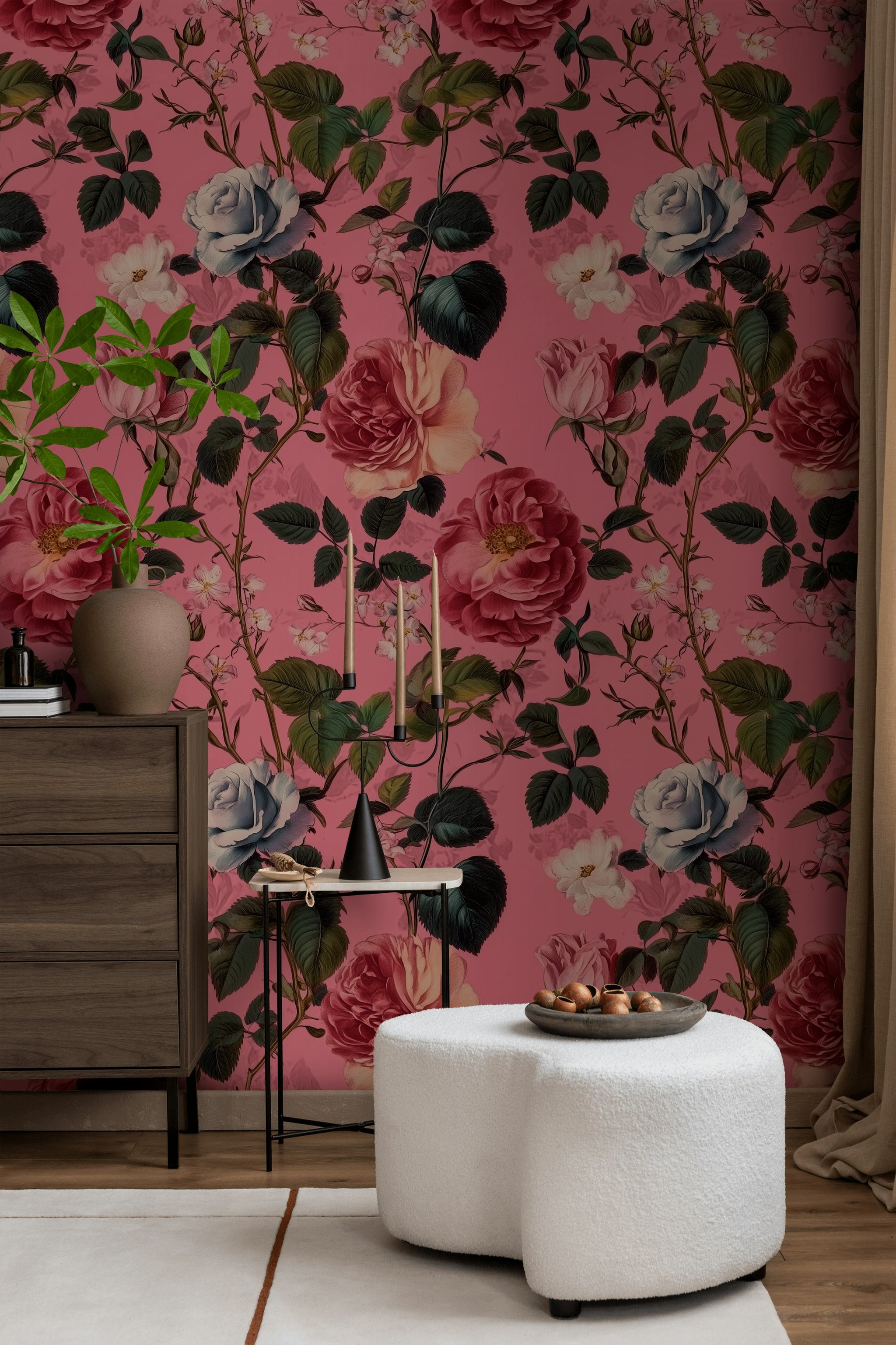 Vintage Gül Desenli Duvar Kağıdı Pembe Çiçekli Salon