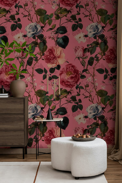 Vintage Gül Desenli Duvar Kağıdı Pembe Çiçekli Salon