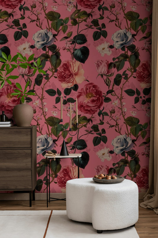 Vintage Gül Desenli Duvar Kağıdı Pembe Çiçekli Salon