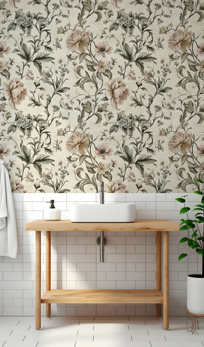 Vintage Çiçekli Duvar Kağıdı Bej Tonlu Botanik Banyo Duvarı