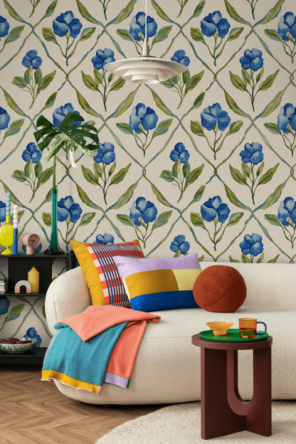 Mavi Çiçekli Duvar Kağıdı Suluboya Botanik Salon