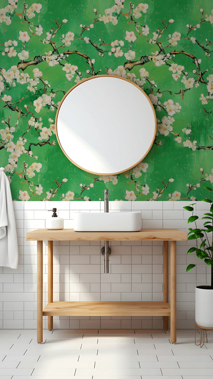 Yeşil Zeminli Badem Çiçekli Duvar Kağıdı Banyo