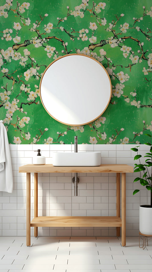 Yeşil Zeminli Badem Çiçekli Duvar Kağıdı Banyo