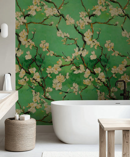 Beyaz Çiçekli Dallı Duvar Kağıdı Yeşil Banyo