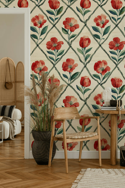 Kafes Desenli Kırmızı Çiçekli Duvar Kağıdı Salon