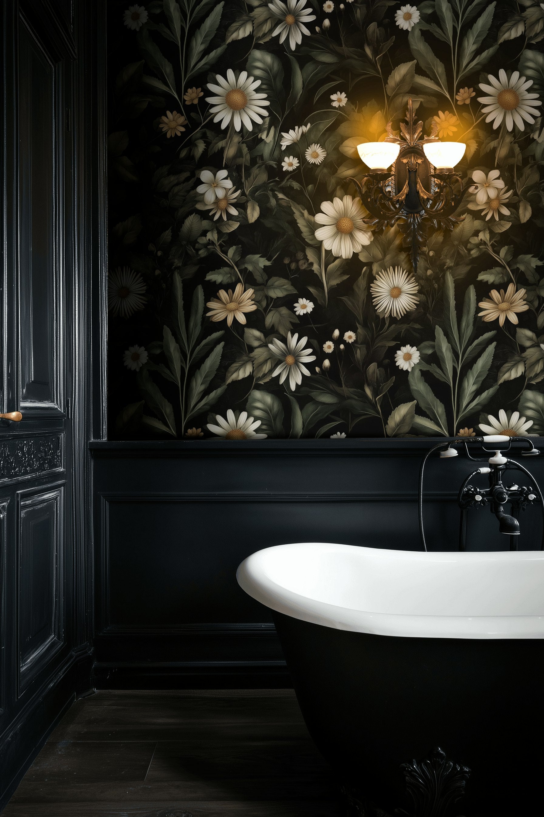 Papatyalı Çiçek Desenli Duvar Kağıdı Koyu Yeşil Banyo