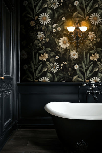 Papatyalı Çiçek Desenli Duvar Kağıdı Koyu Yeşil Banyo