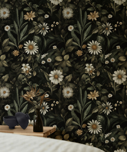 Papatyalı Çiçek Desenli Duvar Kağıdı Koyu Yeşil Banyo