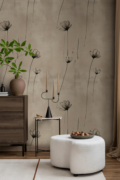 Minimal Çizgili Çiçek Desenli Duvar Kağıdı Bej Salon