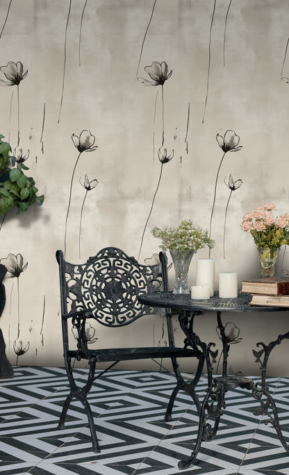Minimal Çizgili Çiçek Desenli Duvar Kağıdı Bej Salon
