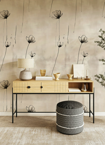 Minimal Çizgili Çiçek Desenli Duvar Kağıdı Bej Salon