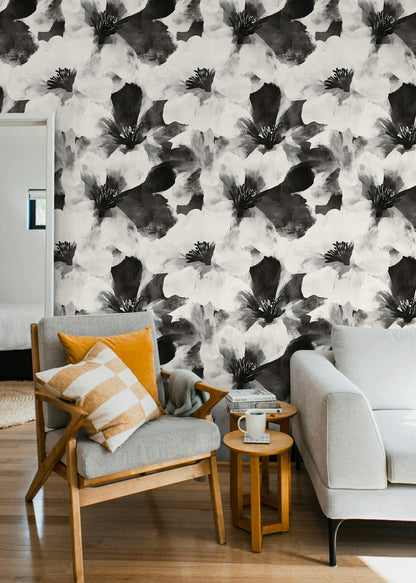 Siyah Beyaz Büyük Çiçekli Duvar Kağıdı Modern Salon