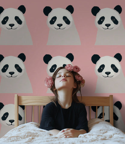 Panda Desenli Duvar Kağıdı Pembe Çocuk Odası Dekoru