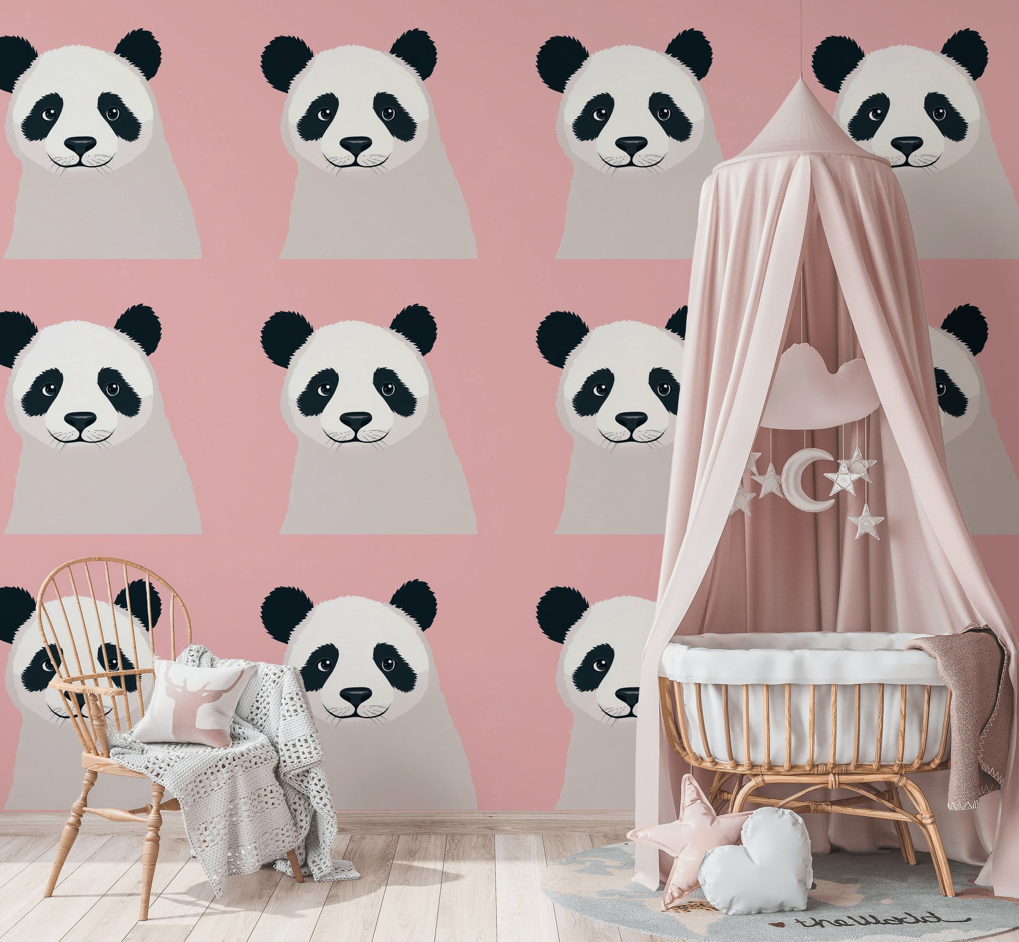 Panda Desenli Duvar Kağıdı Pembe Çocuk Odası Dekoru