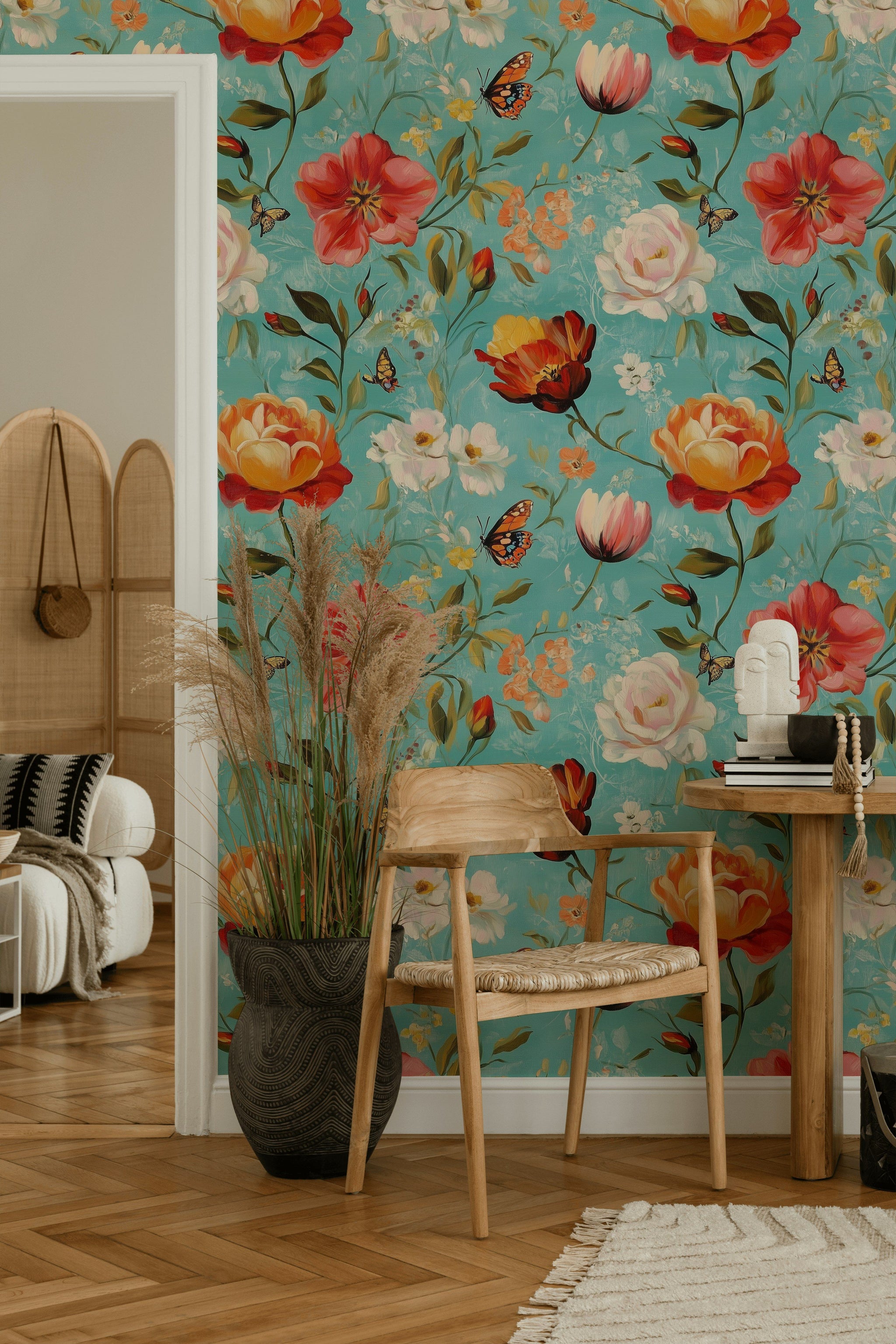 Turkuaz Zeminde Vintage Çiçekli Duvar Kağıdı Salon Deseni