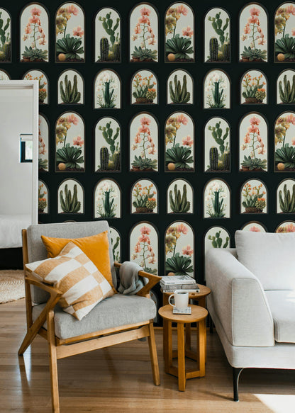 Kaktüs ve Orkide Desenli Duvar Kağıdı Yeşil Salon