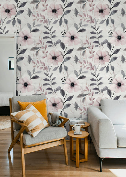 Pastel Pembe Çiçekli Duvar Kağıdı Gri Yapraklı Salon Deseni