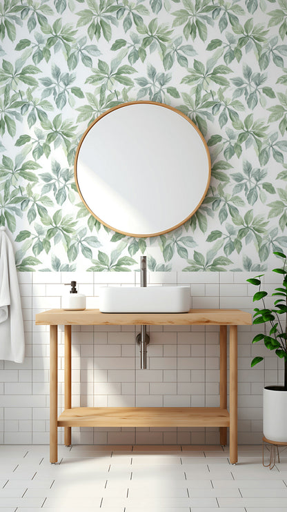 Botanik Yaprak Desenli Duvar Kağıdı Yeşil Banyo Dekoru
