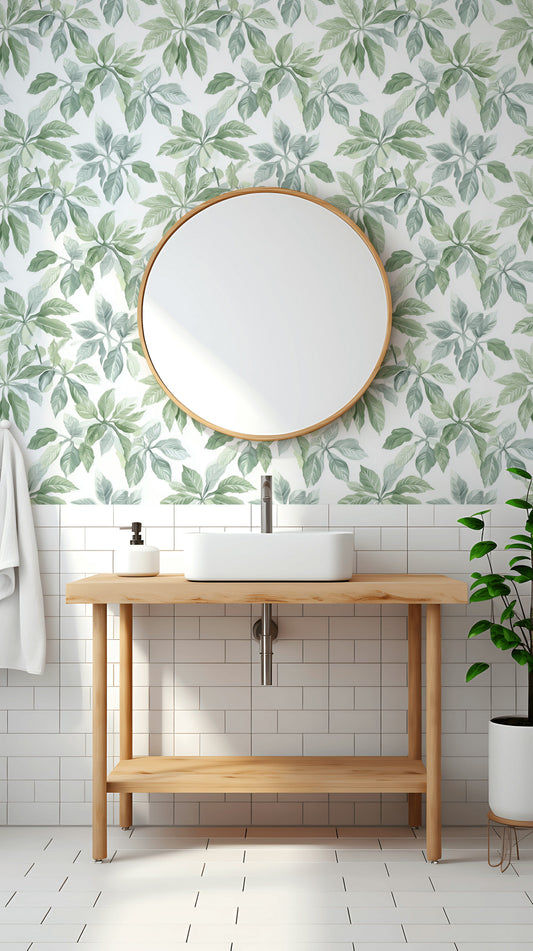 Botanik Yaprak Desenli Duvar Kağıdı Yeşil Banyo Dekoru