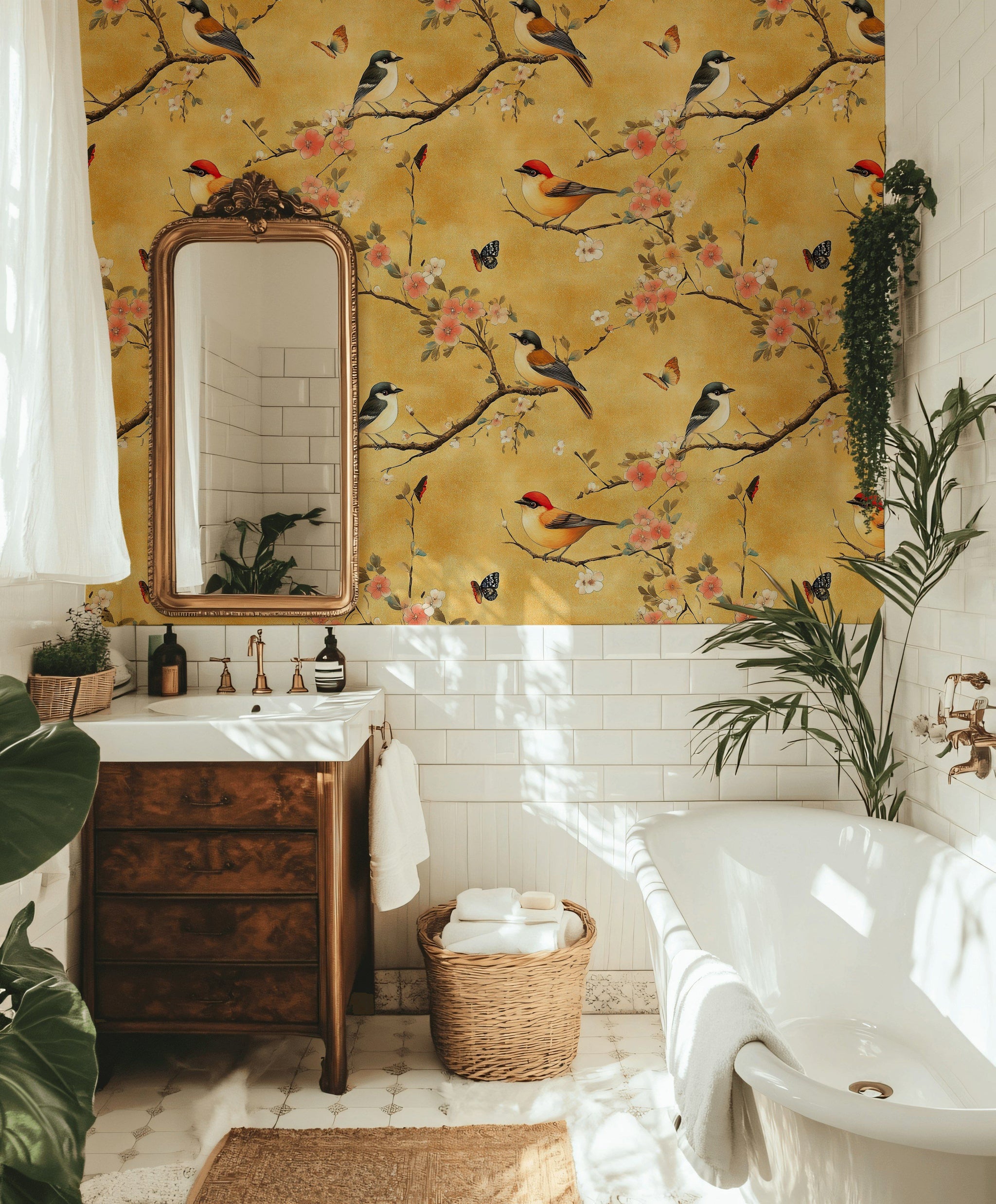 Kuşlu Çiçek Dallı Duvar Kağıdı Sarı Vintage Salon