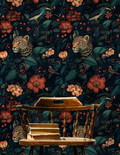 Leoparlı Tropikal Duvar Kağıdı Koyu Yeşil Salon Deseni