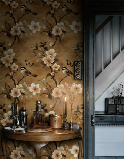 Çiçekli Kuşlu Duvar Kağıdı Bej Vintage Salon