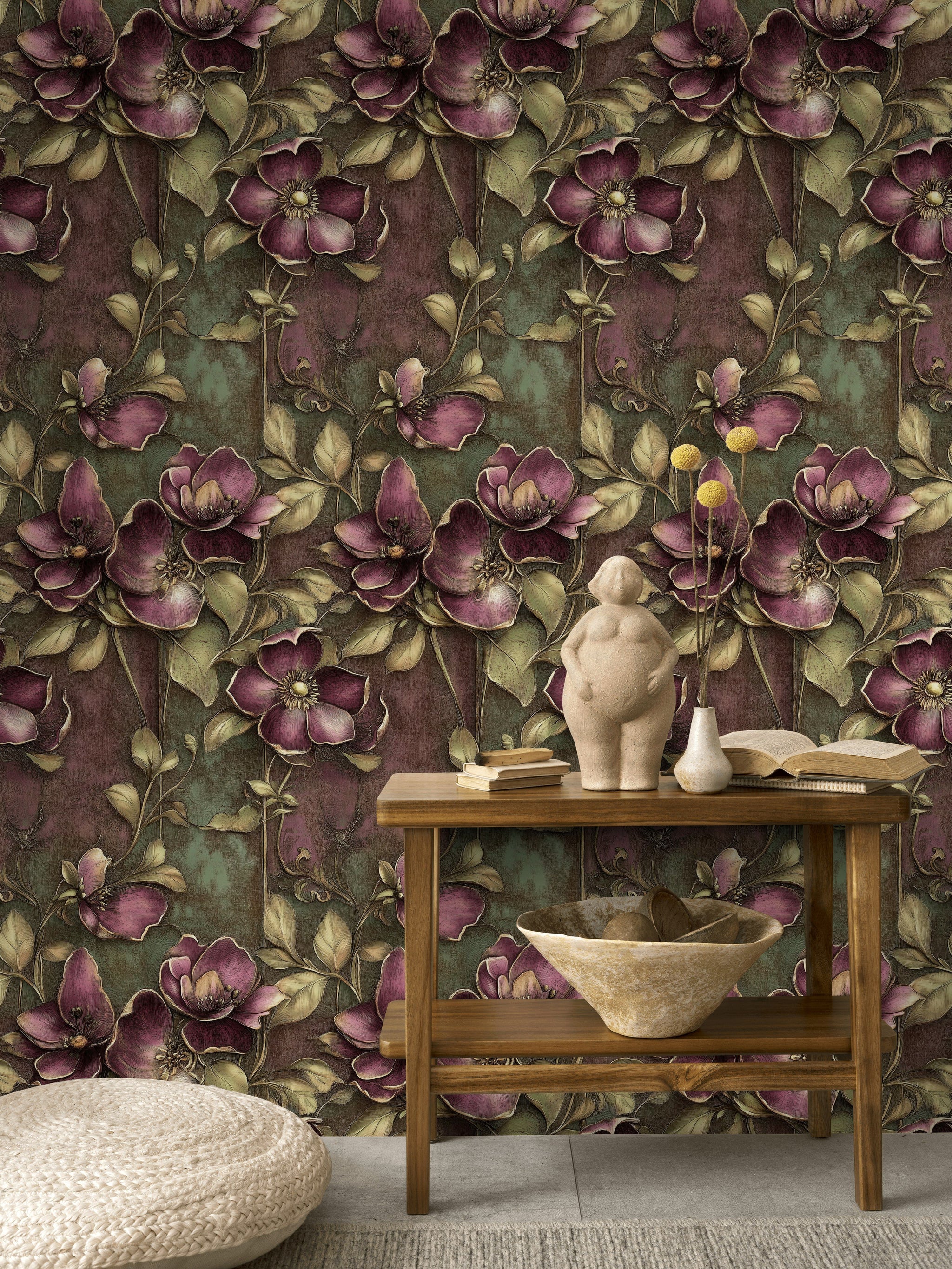 Vintage Çiçekli Duvar Kağıdı Mor Yeşil Yapraklı Salon