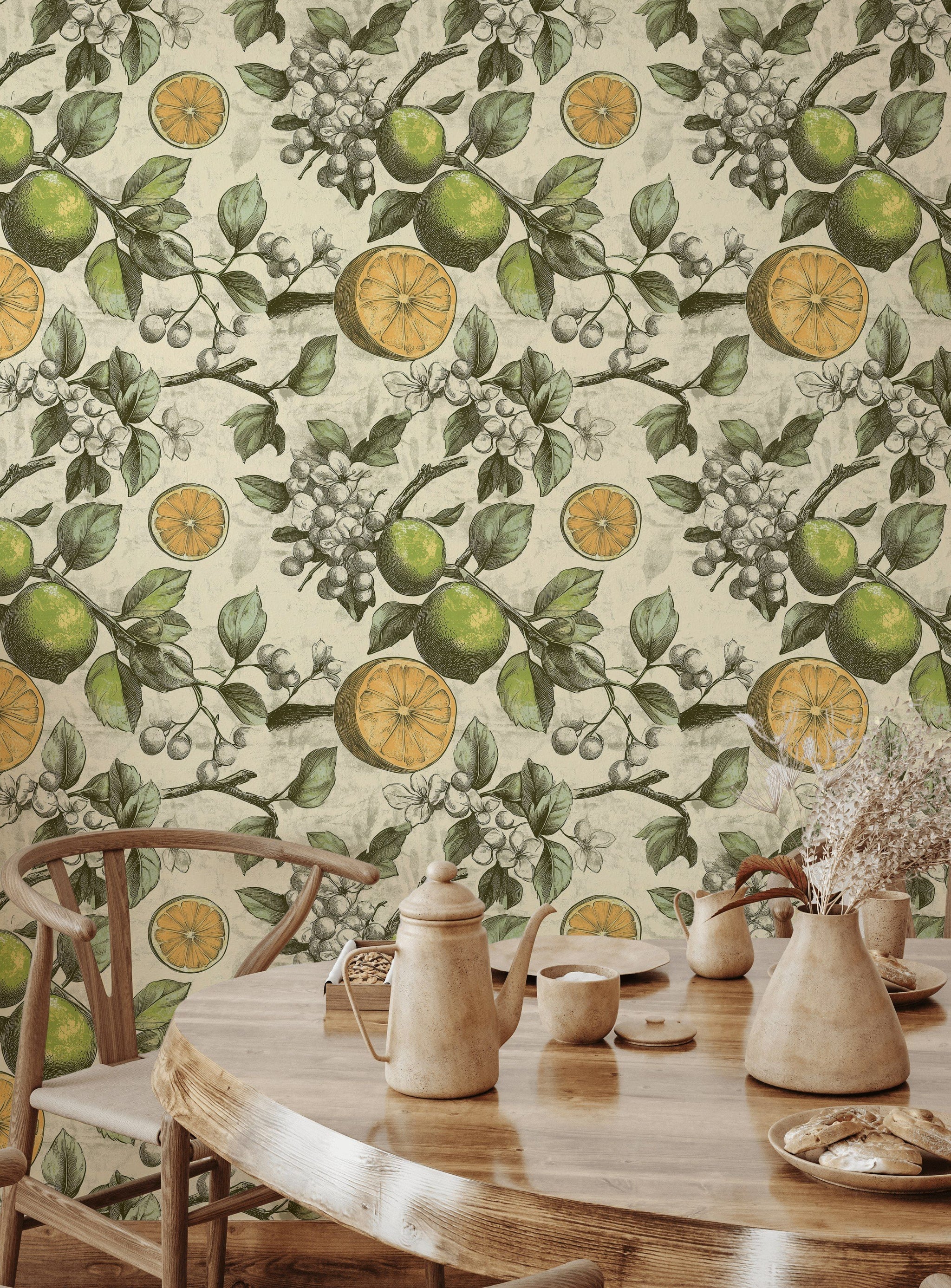 Vintage Limon Desenli Duvar Kağıdı Yeşil Mutfak