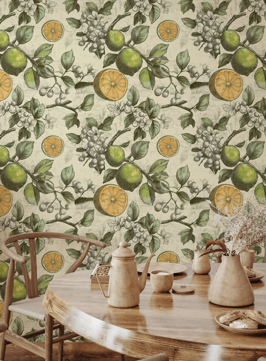 Vintage Limon Desenli Duvar Kağıdı Yeşil Mutfak