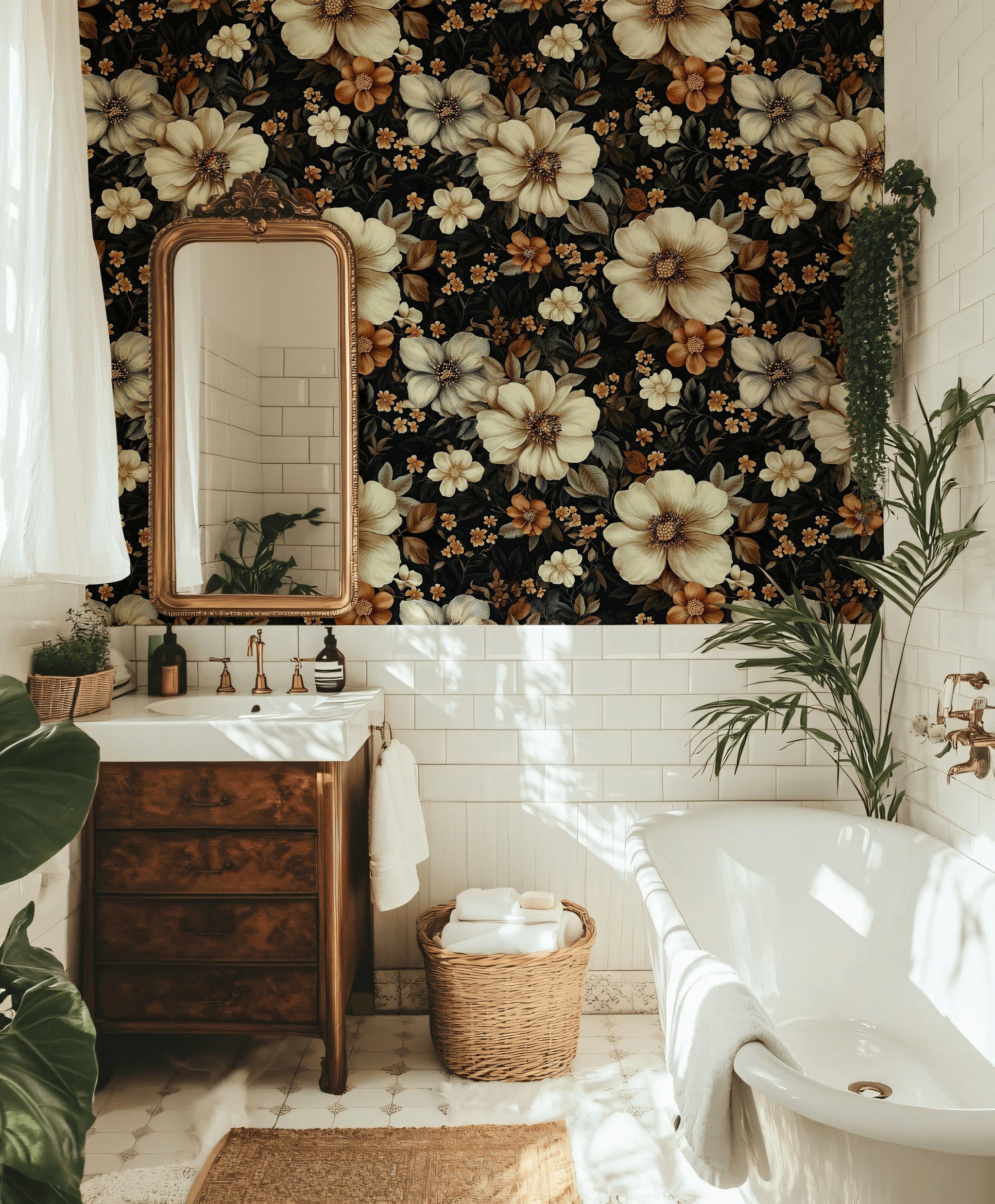 Vintage Çiçekli Duvar Kağıdı Krem Çiçek Desenli Salon