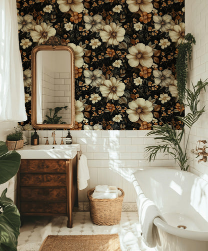 Vintage Çiçekli Duvar Kağıdı Krem Çiçek Desenli Salon