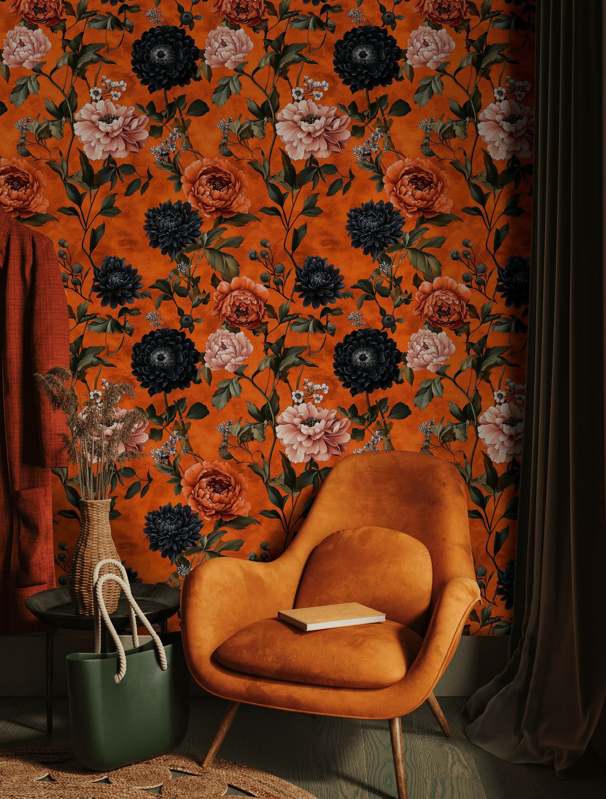 Turuncu Zeminde Büyük Çiçekli Duvar Kağıdı Vintage Salon
