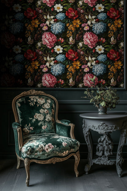 Koyu Zeminli Çiçek Desenli Duvar Kağıdı Vintage Salon