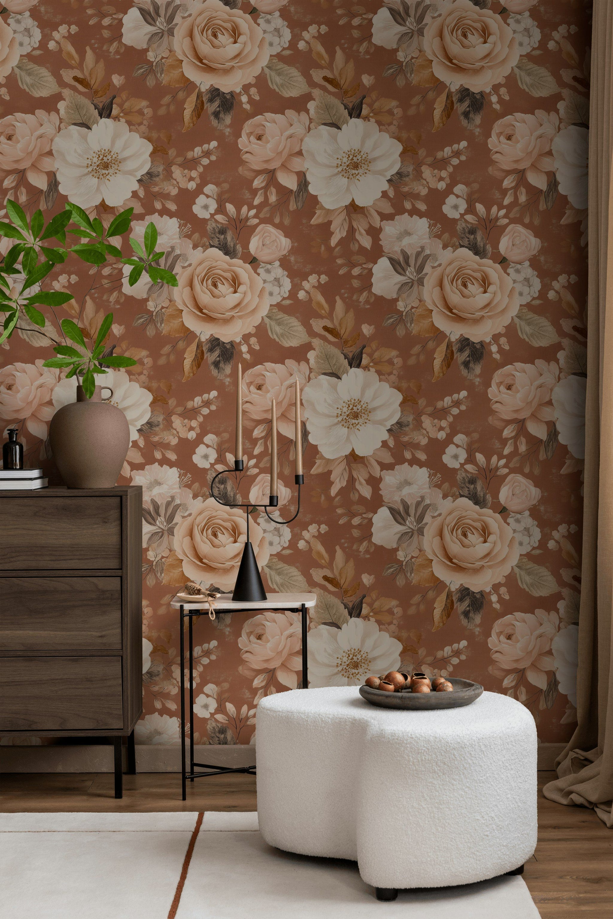 Vintage Güllü Çiçekli Duvar Kağıdı Tarçın Kahverengi Banyo