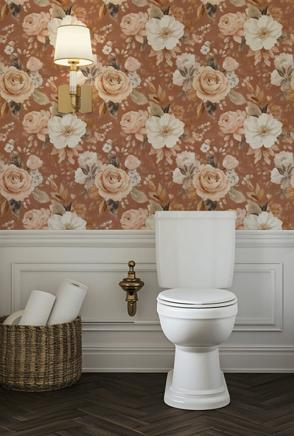 Vintage Güllü Çiçekli Duvar Kağıdı Tarçın Kahverengi Banyo