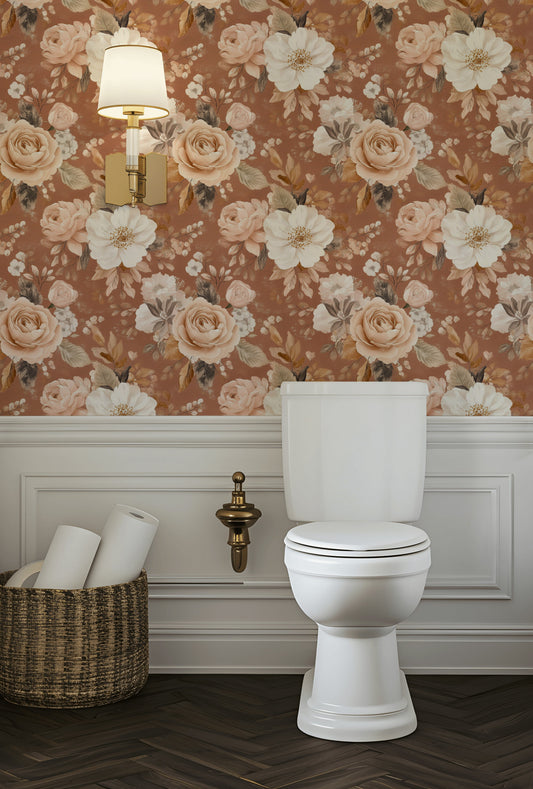 Vintage Güllü Çiçekli Duvar Kağıdı Tarçın Kahverengi Banyo