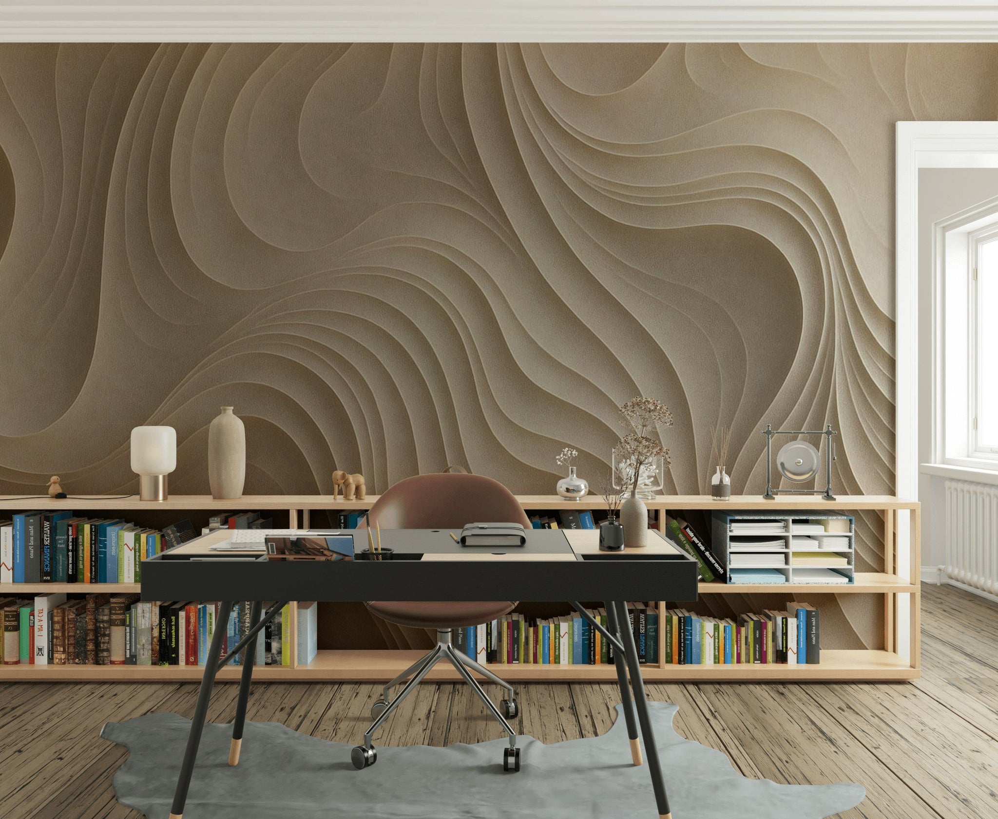 Kabartma Dalga Desenli Poster Duvar Kağıdı Bej Modern Salon