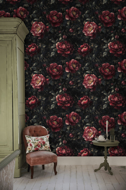 Koyu Zeminde Bordo Şakayık Duvar Kağıdı Vintage Salon