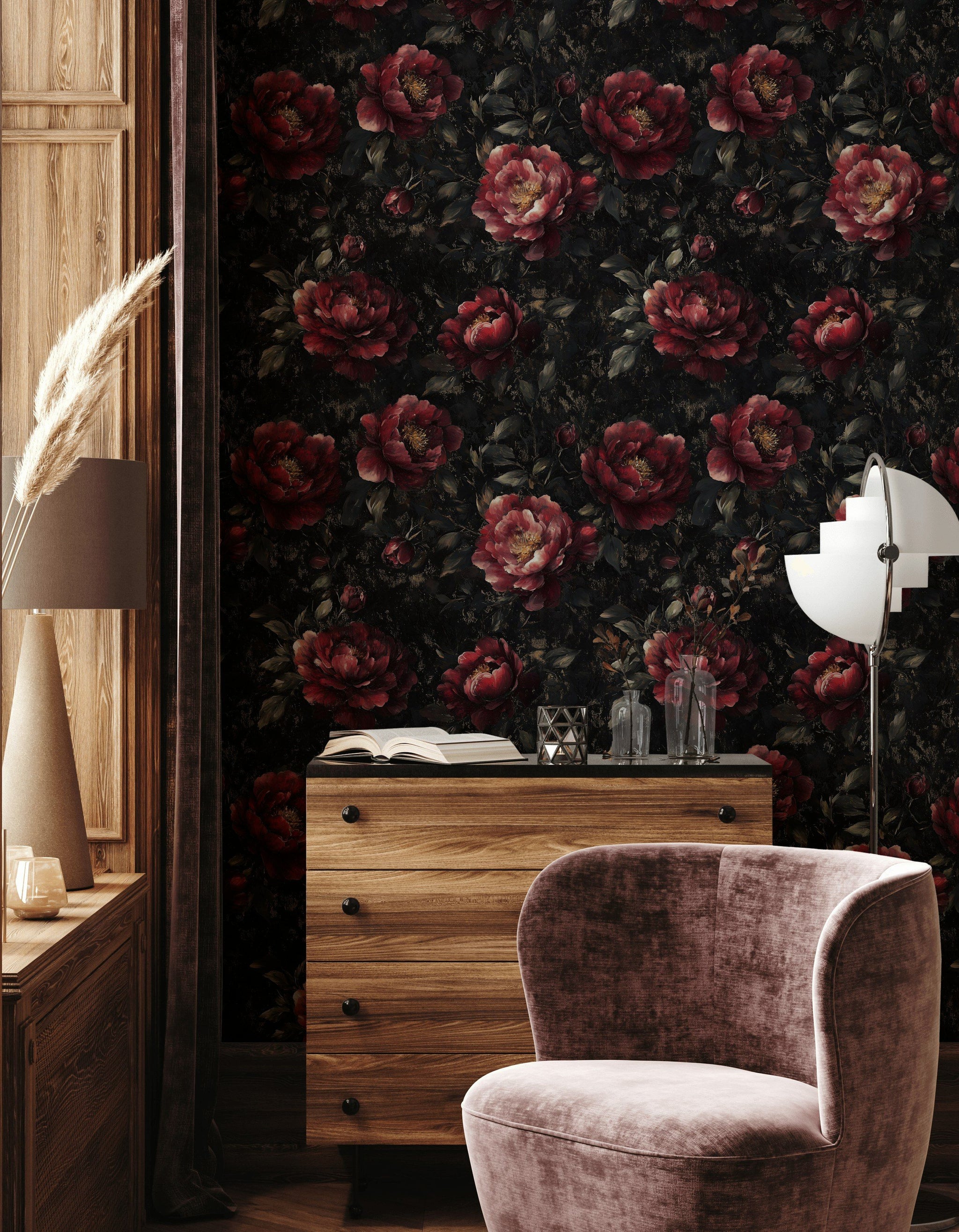 Koyu Zeminde Bordo Şakayık Duvar Kağıdı Vintage Salon