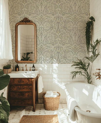 Art Nouveau Çiçekli Duvar Kağıdı Bej Tonlu Yatak Odası